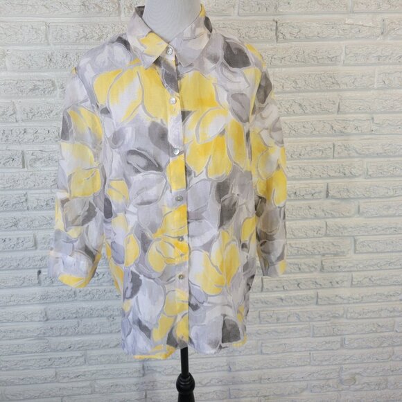 Alfred Dunner Women Top 18 Plus Yellow Floral Sheer Lightweight Button FLO289XE - Picture 1 of 9